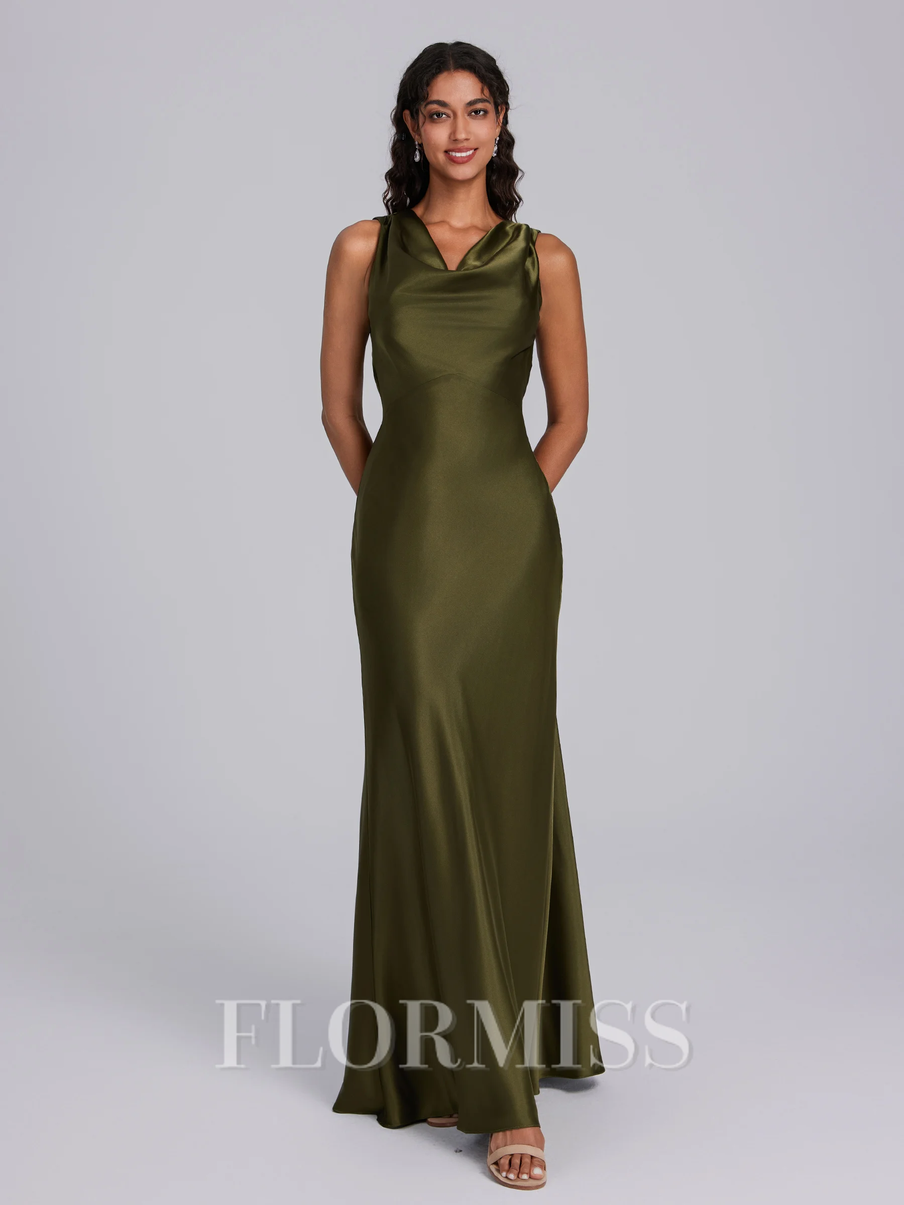 Sheath Cowl Floor-Length Silk Like Satin Bridesmaid Dress