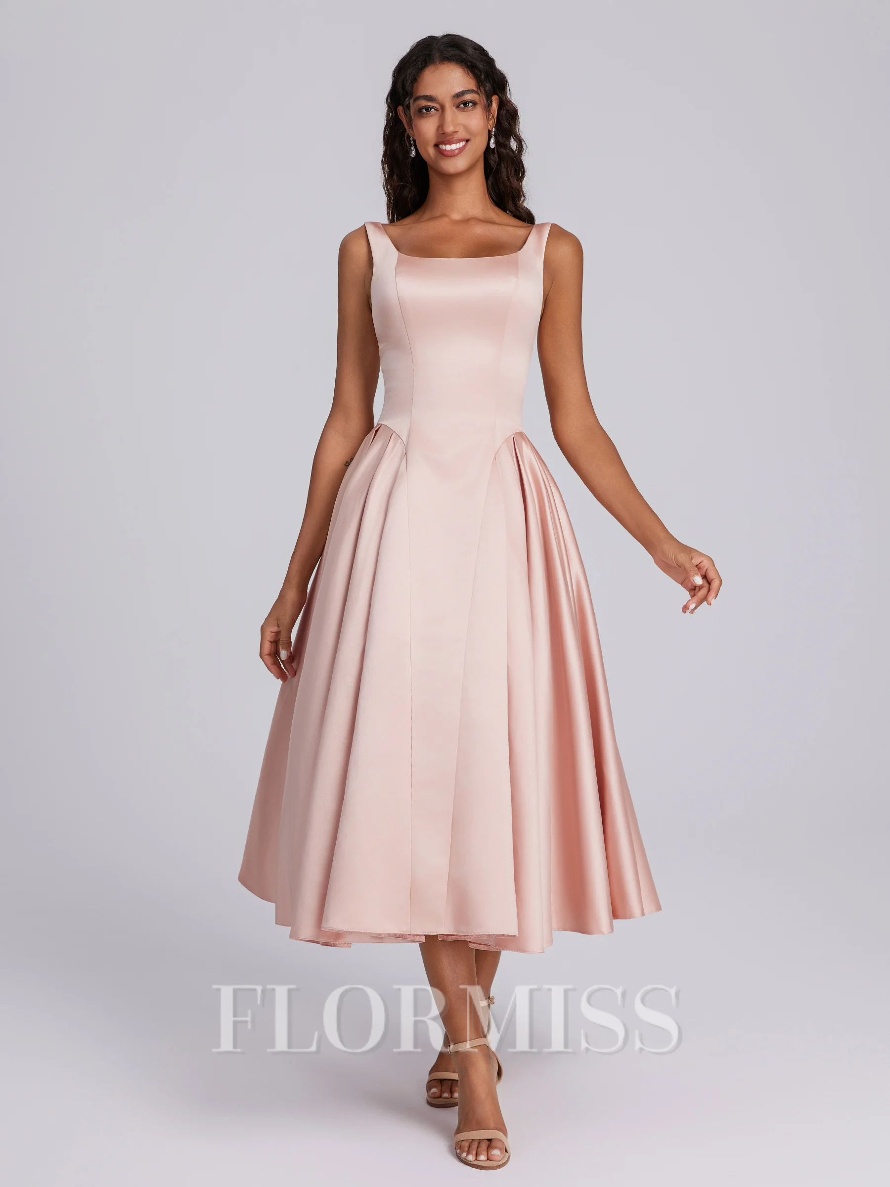 A-line Square Tea-Length Satin Corset Bridesmaid Dress