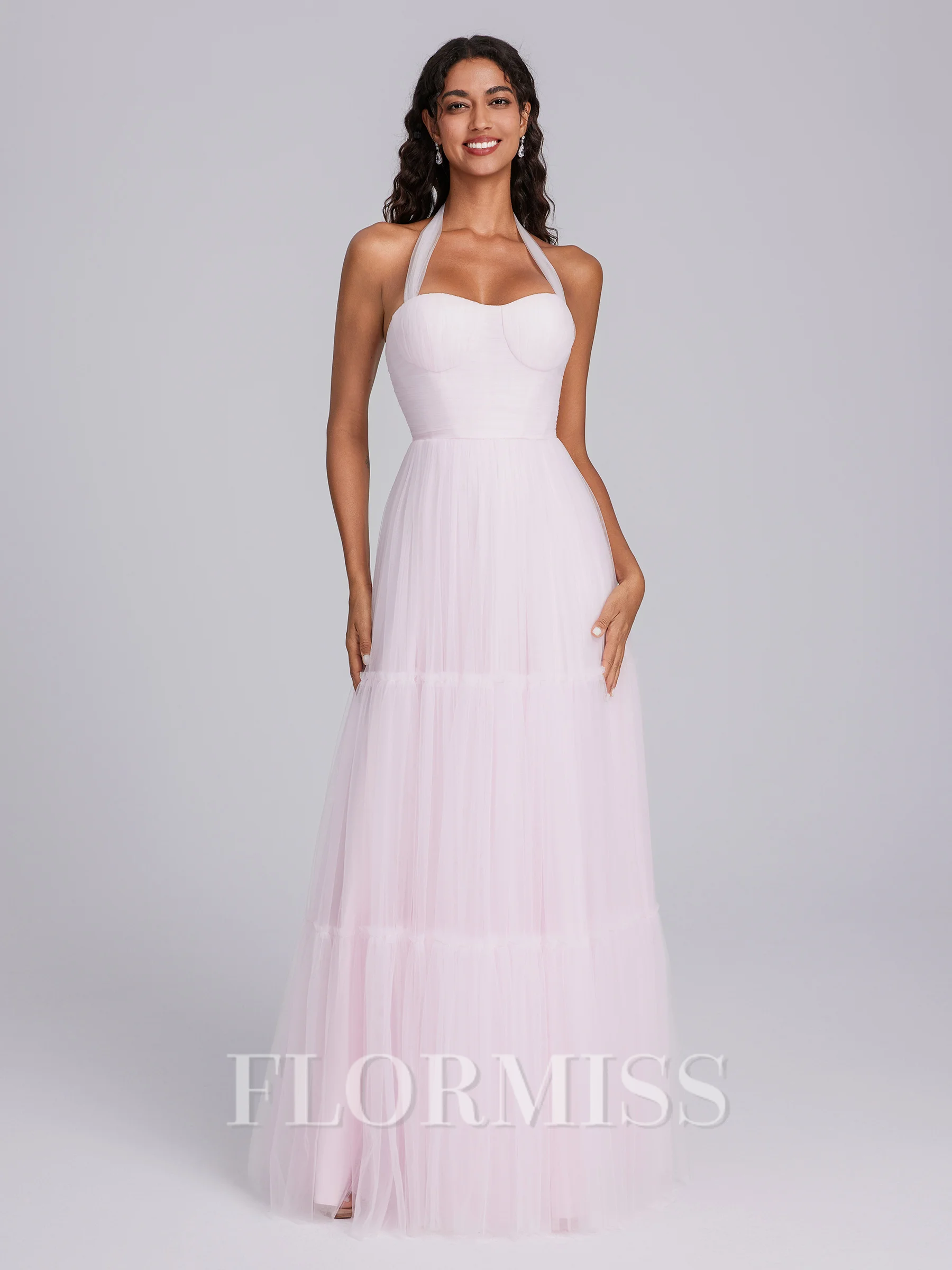 A-line Halter Pleated Floor-Length Tulle Corset Bridesmaid Dress