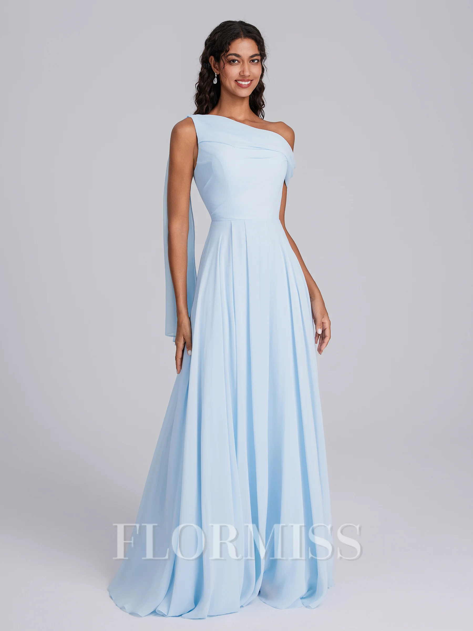 A-line One-Shoulder Pleated Floor-Length Chiffon Corset Bridesmaid Dress