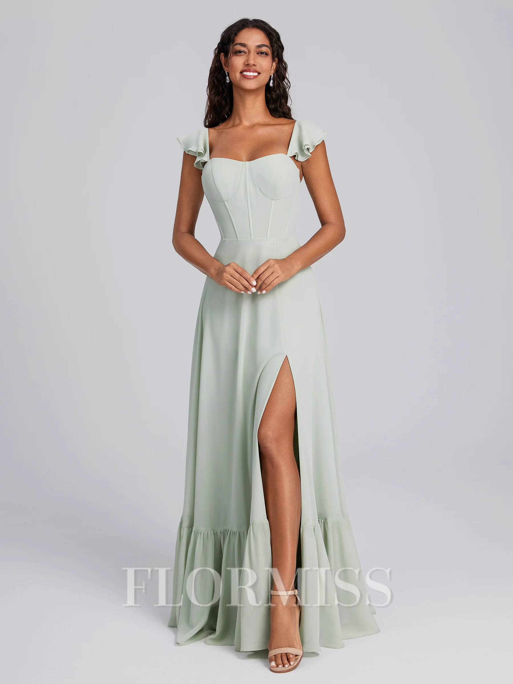 A-line Straps Ruffles Floor-Length Chiffon Corset Bridesmaid Dress