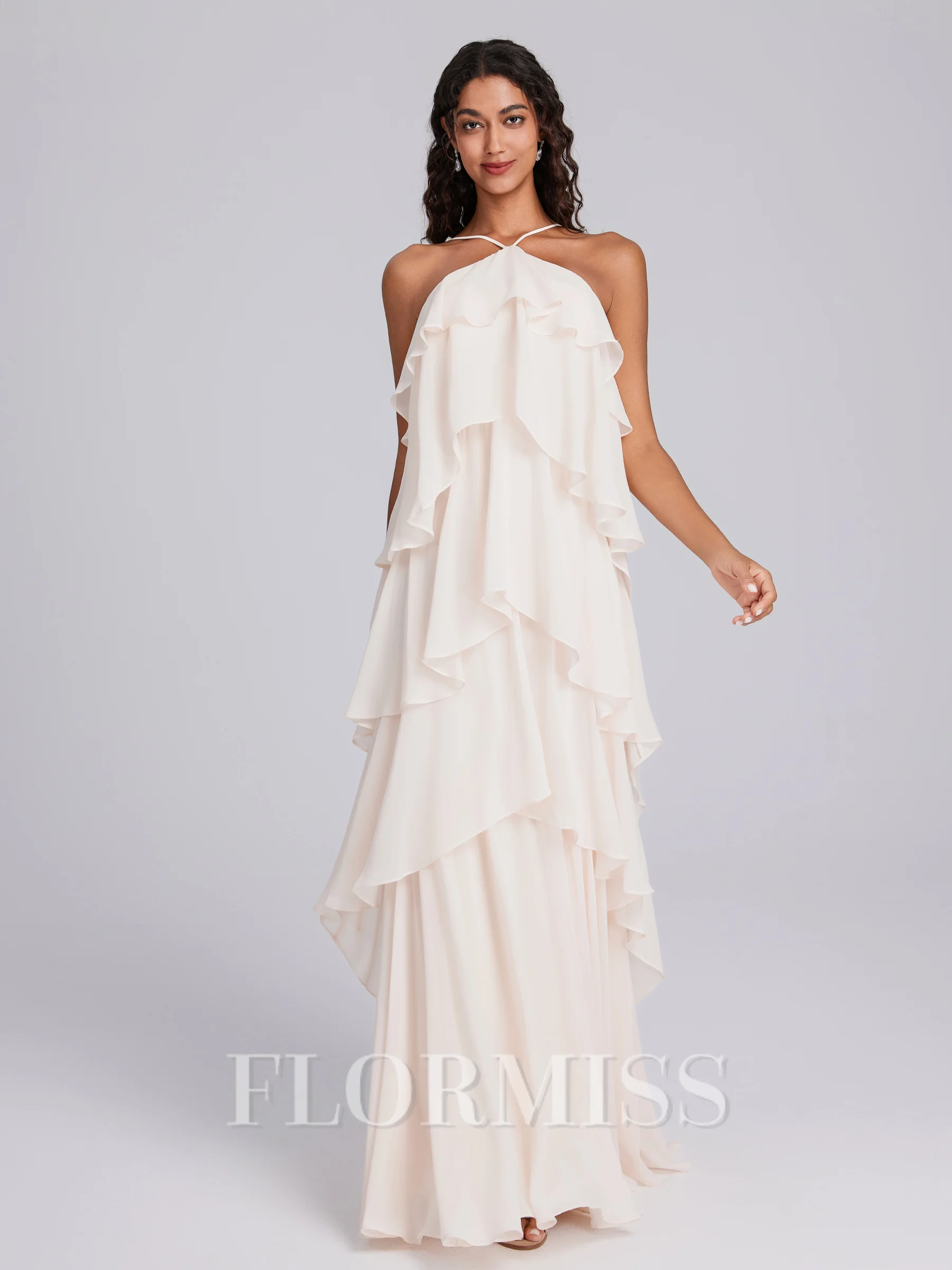 Sheath Halter Cascading Ruffles Floor-Length Chiffon Bridesmaid Dress