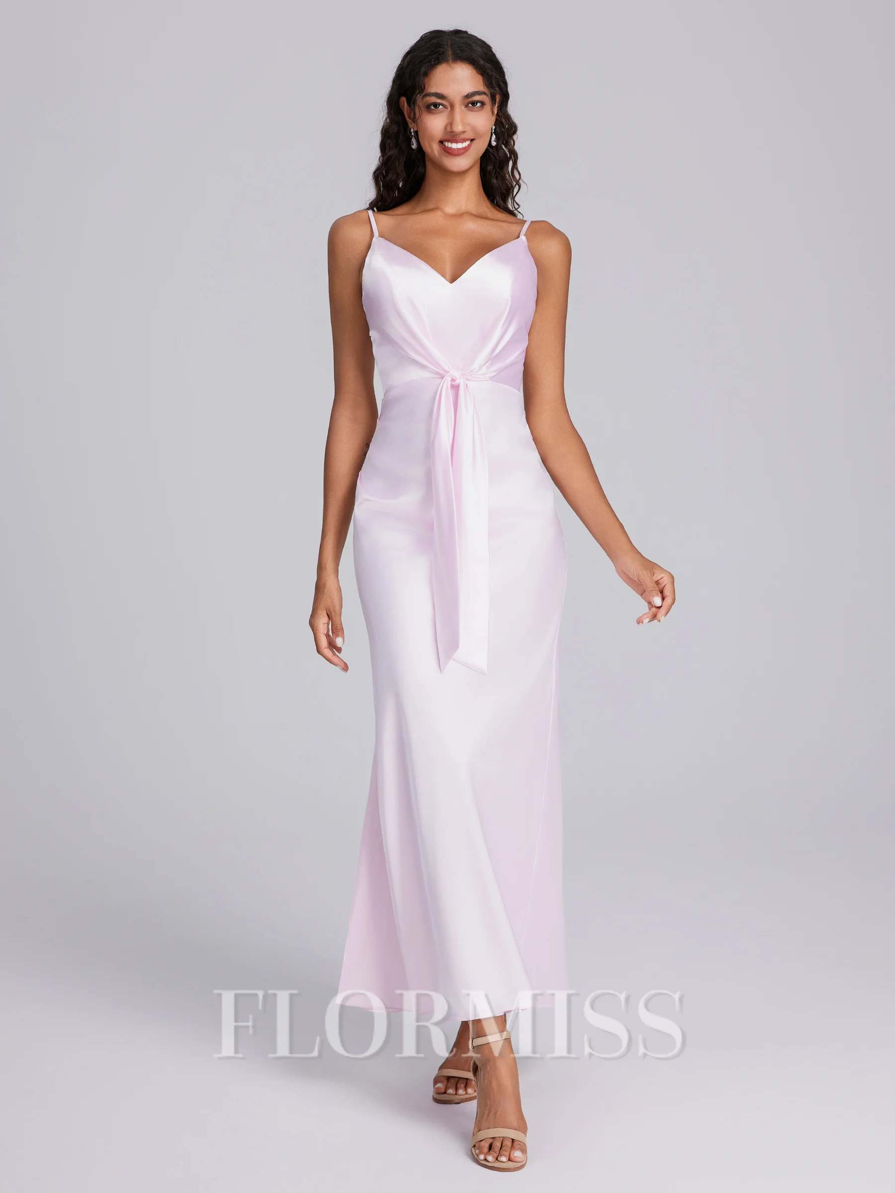 Sheath V-neck Pleated Ankle-Length Silk Like Satin Corset Bridesmaid Dress