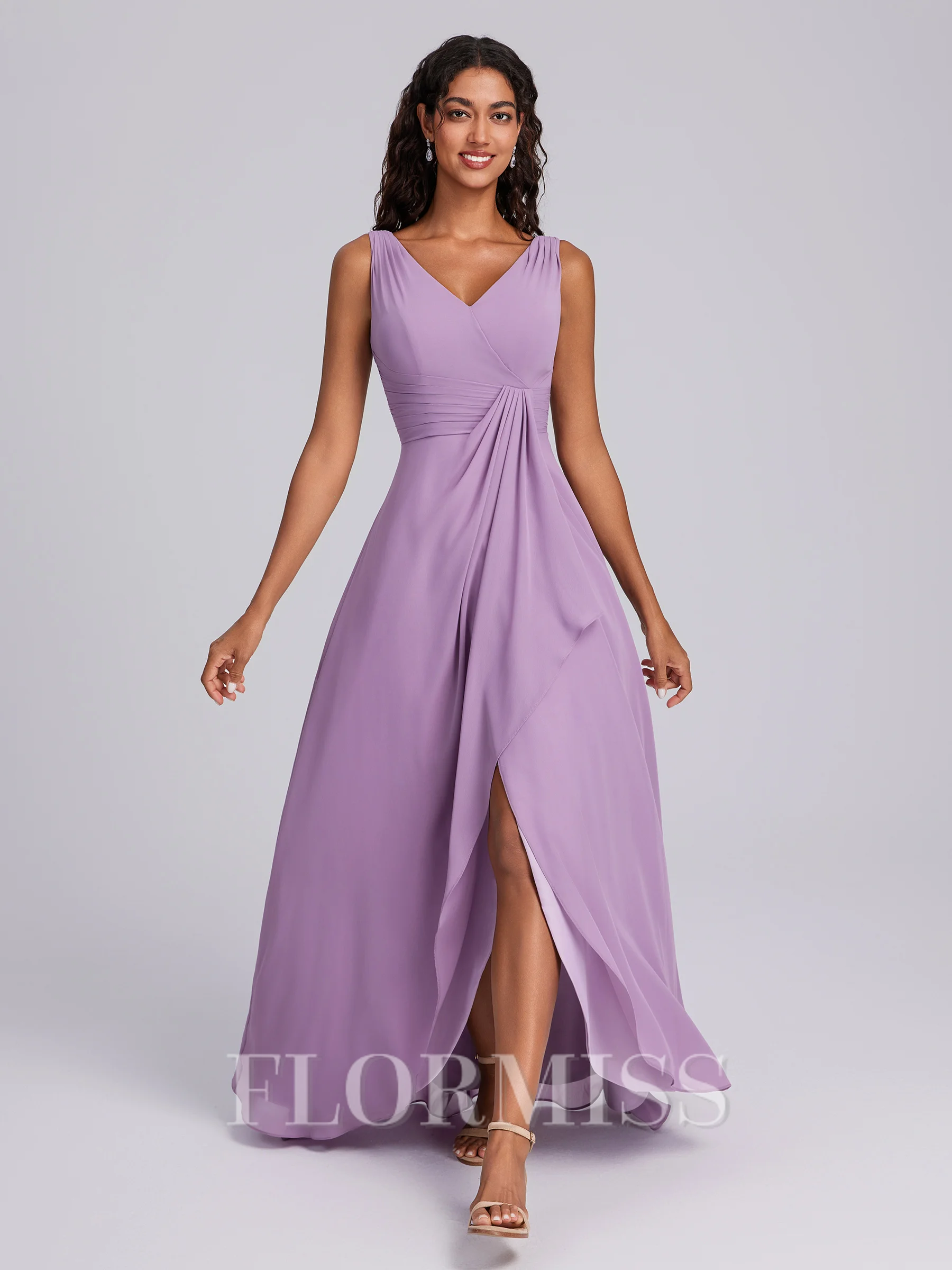 A-line V-neck Pleated Floor-Length Chiffon Corset Bridesmaid Dress