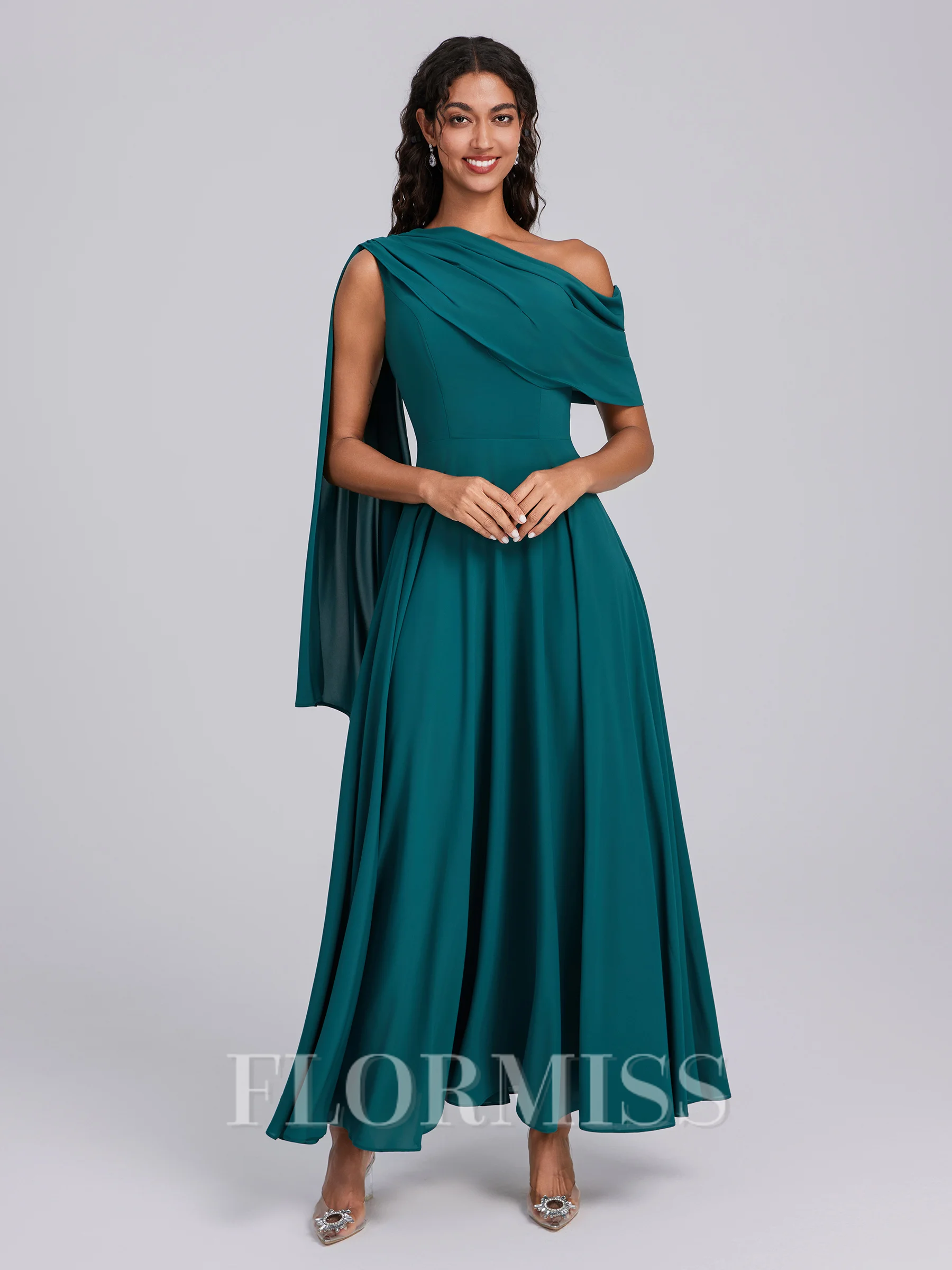 A-line One-Shoulder Pleated Ankle-Length Corset Bridesmaid Dress