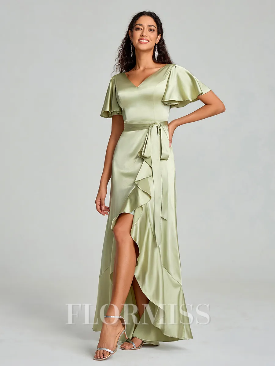 A-line/Princess V-neck Asymmetrical Short Sleeves Silk Like Satin Bridesmaid Dress