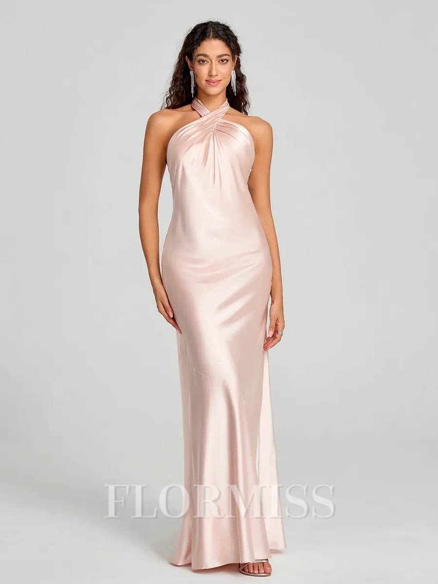 Sheath/Column Halter Floor-Length Sleeveless Silk Like Satin Bridesmaid Dress