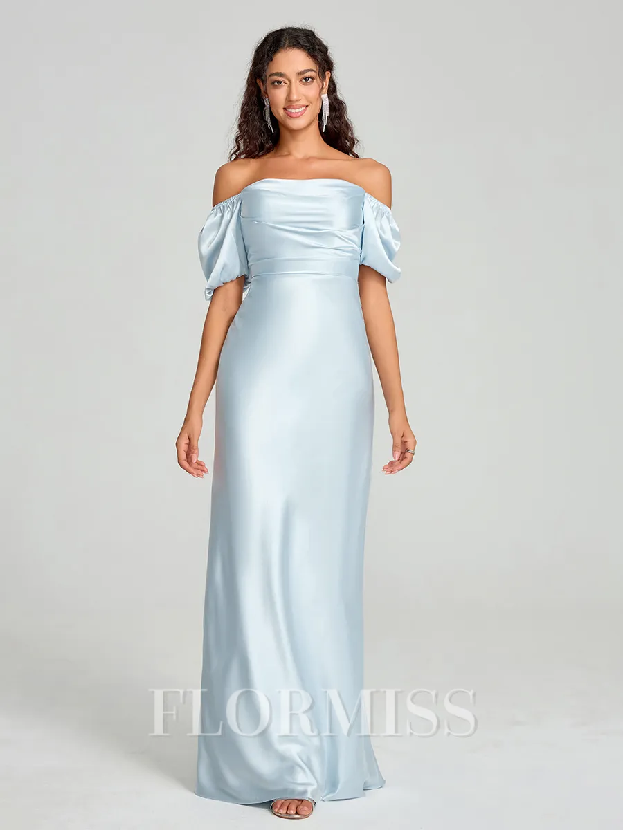 Sheath/Column Off-the-Shoulder Floor-Length Short Sleeves Silk Like Satin Bridesmaid Dress