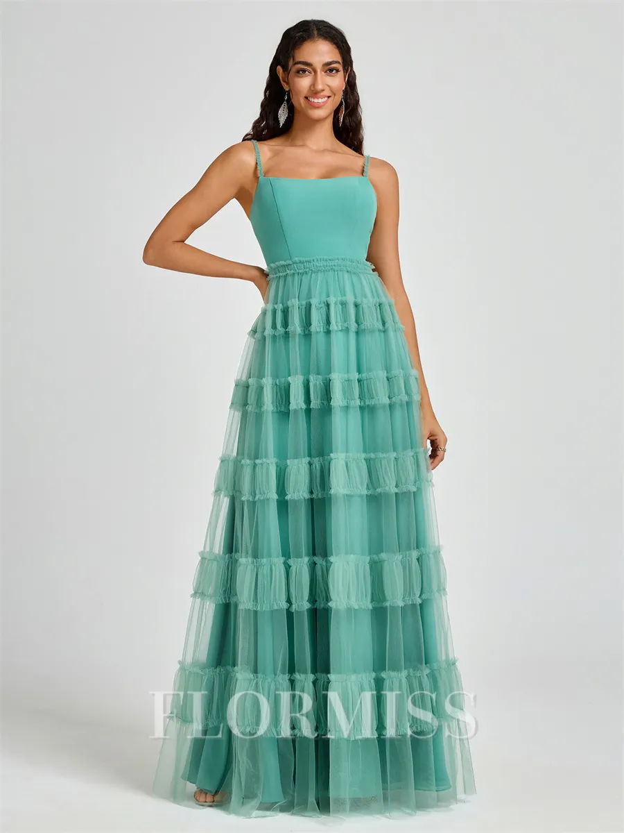 A-line Spaghetti Straps Pleated Floor-Length Tulle Bridesmaid Dress