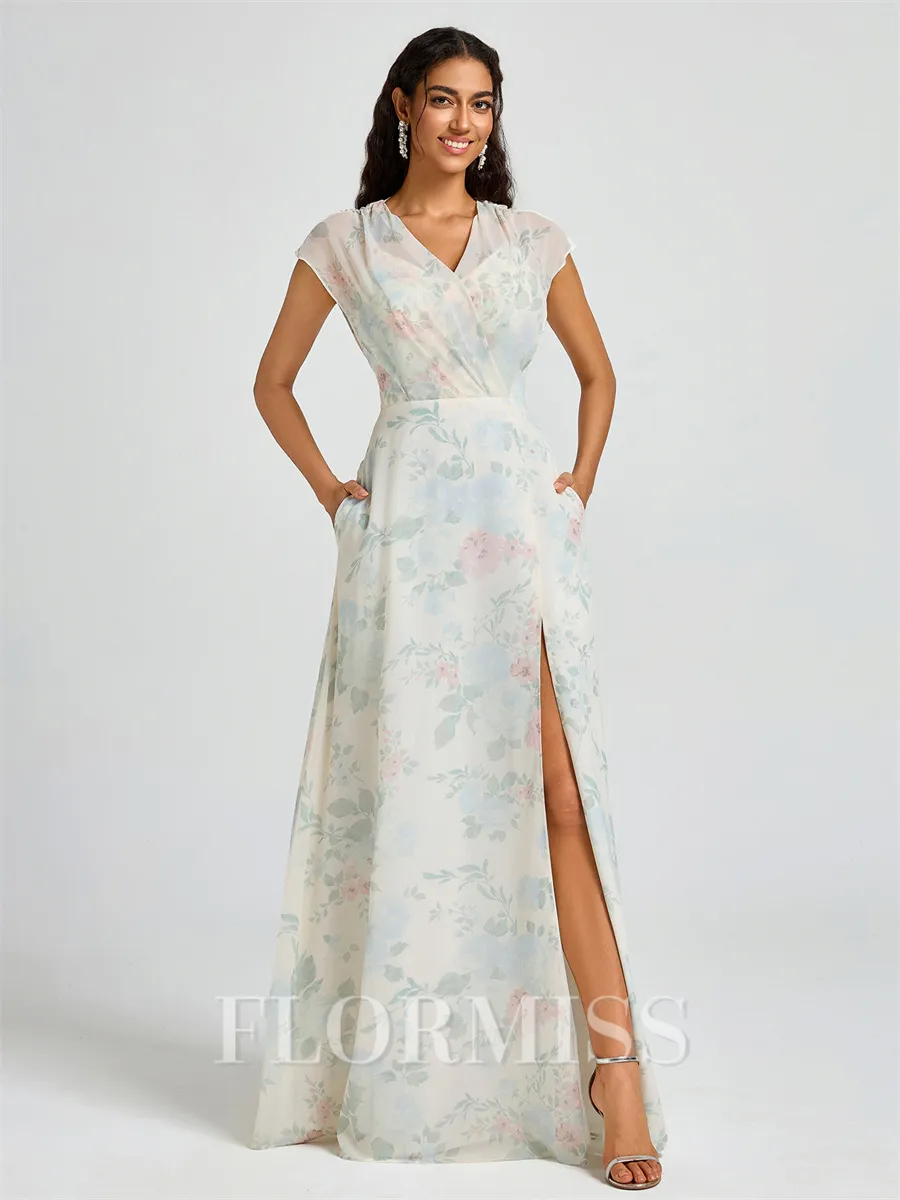 A-line V-neck Short Sleeves Floor-Length Bridesmaid Dress