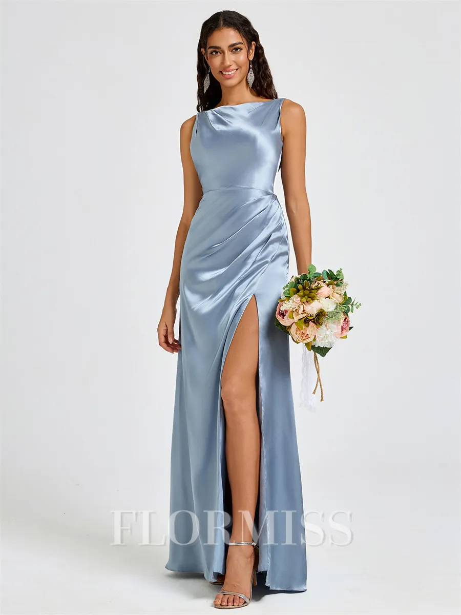Sheath Scoop Pleated Floor-Length Silk Like Satin Bridesmaid Dress