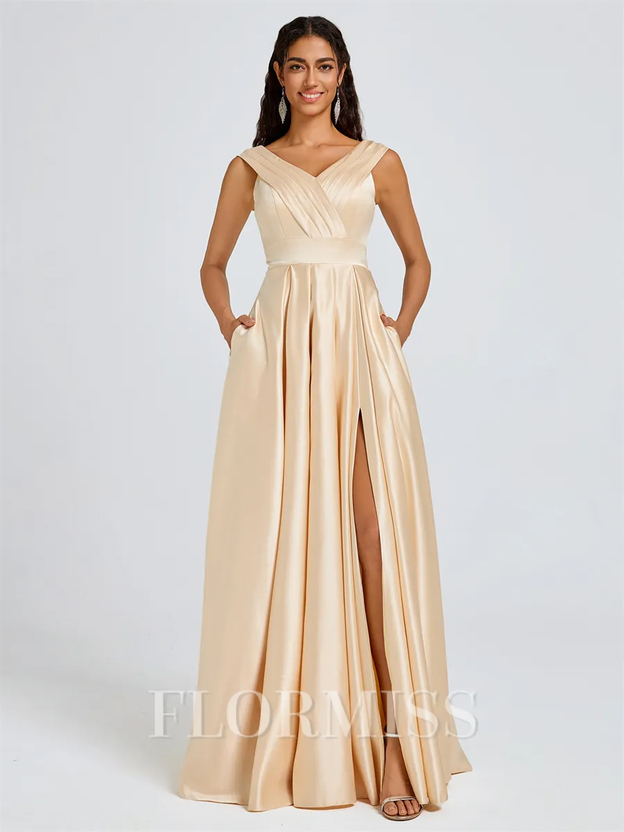 A-line V-neck Pleated Floor-Length Satin Bridesmaid Dress