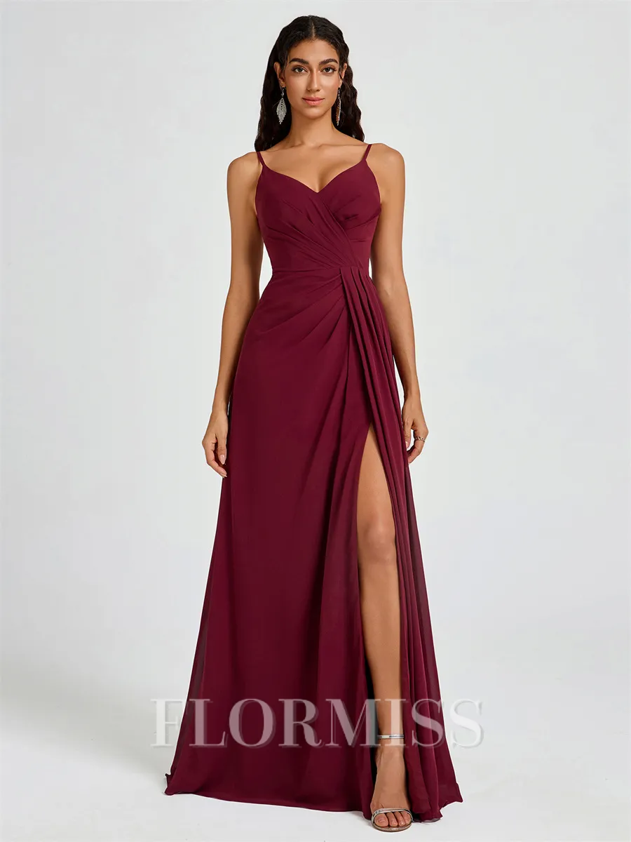 A-line V-neck Pleated Floor-Length Chiffon Bridesmaid Dress