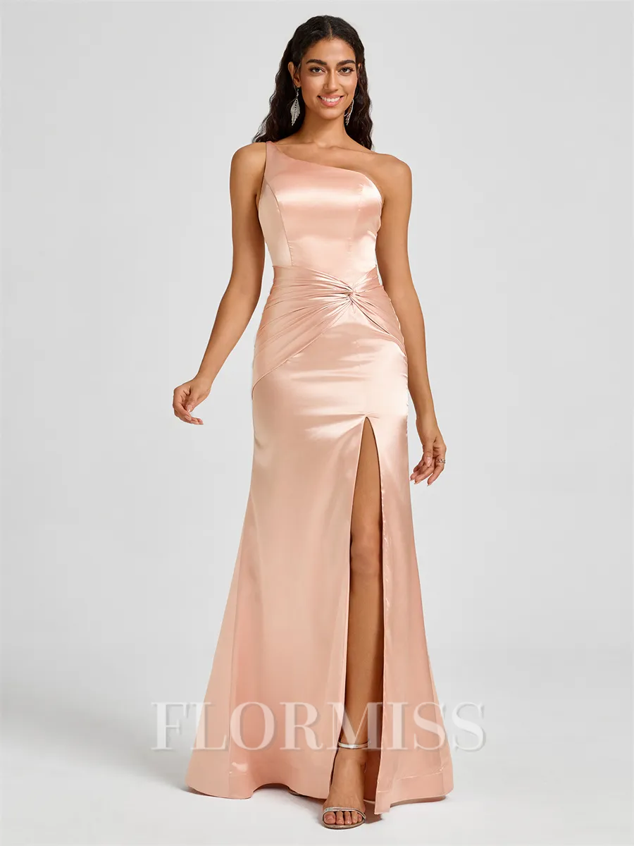 Sheath One-Shoulder Pleated Floor-Length Silk Like Satin Bridesmaid Dress