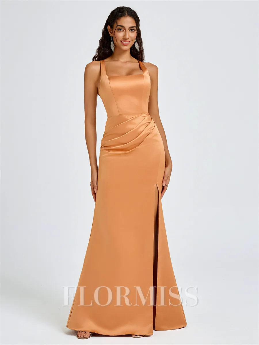 Sheath Square Pleated Floor-Length Satin Bridesmaid Dress
