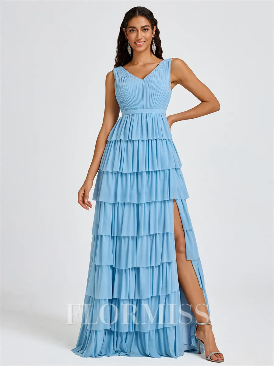 A-line V-neck Cascading Ruffles Floor-Length Bridesmaid Dress