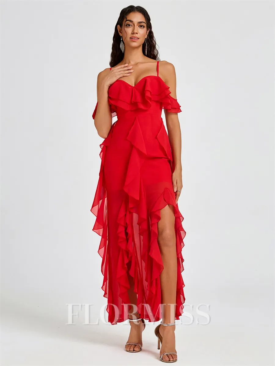 A-line Cold Shoulder Ruffles Ankle-Length Chiffon Bridesmaid Dress