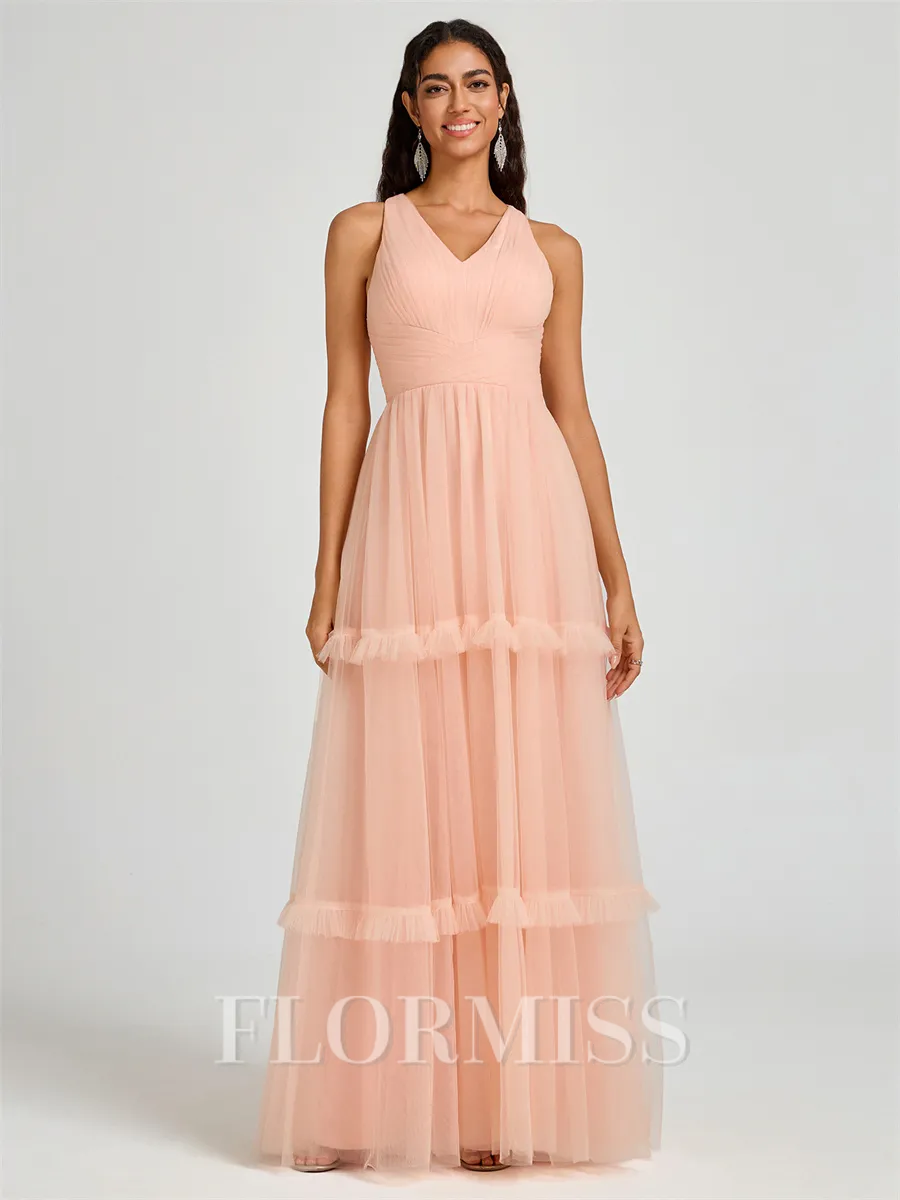 A-line V-neck Pleated Floor-Length Tulle Bridesmaid Dress