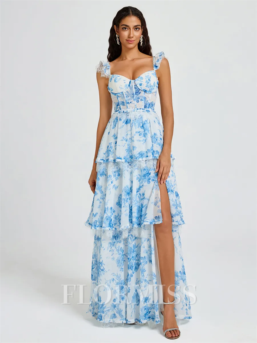 A-line Sweetheart Cascading Ruffles Floor-Length Corset Bridesmaid Dress