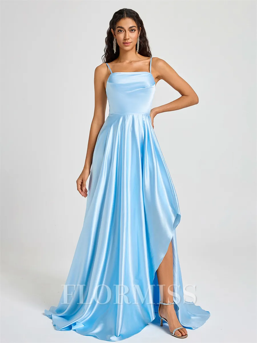A-line Spaghetti Straps Pleated Sweep Train Silk Like Satin Bridesmaid Dress