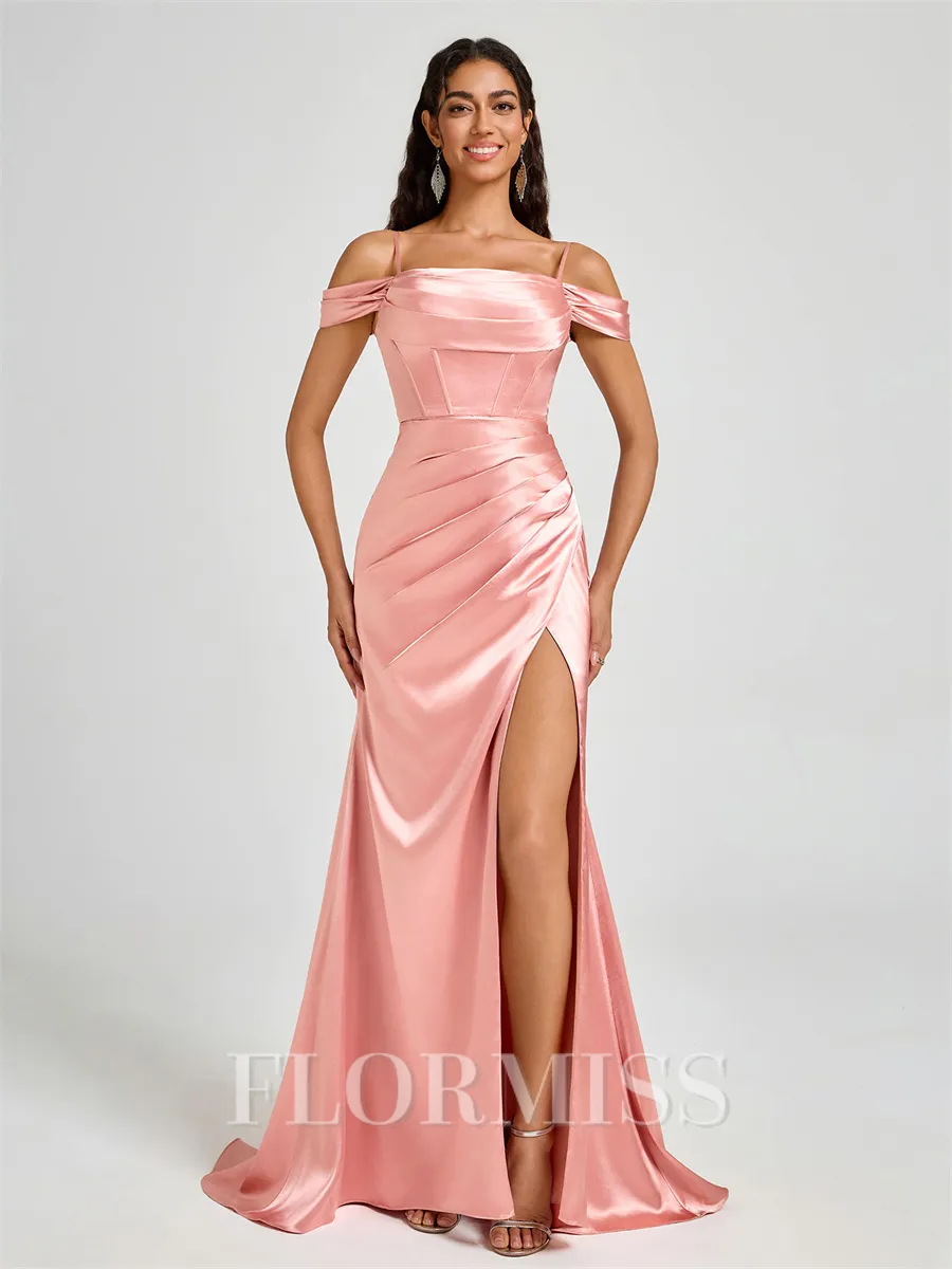 Sheath Cold Shoulder Pleated Sweep Train Silk Like Satin Corset Bridesmaid Dress