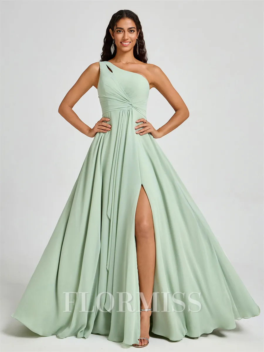 A-line One-Shoulder Pleated Floor-Length Chiffon Bridesmaid Dress