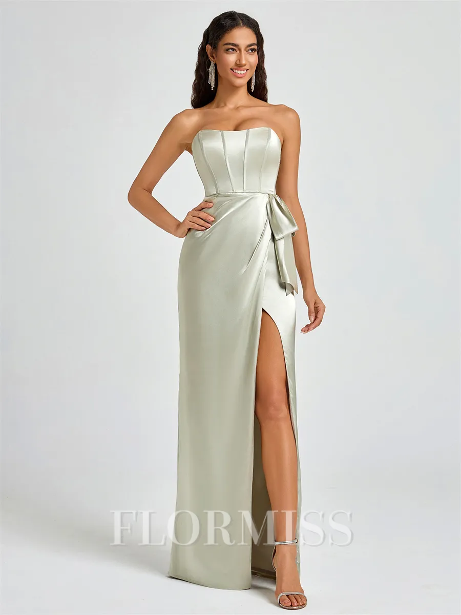 Sheath Strapless Bow Floor-Length Silk Like Satin Corset Bridesmaid Dress