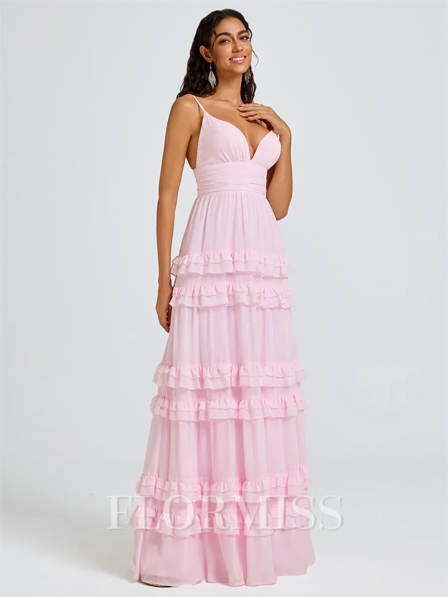 A-line V-neck Cascading Ruffles Floor-Length Chiffon Bridesmaid Dress