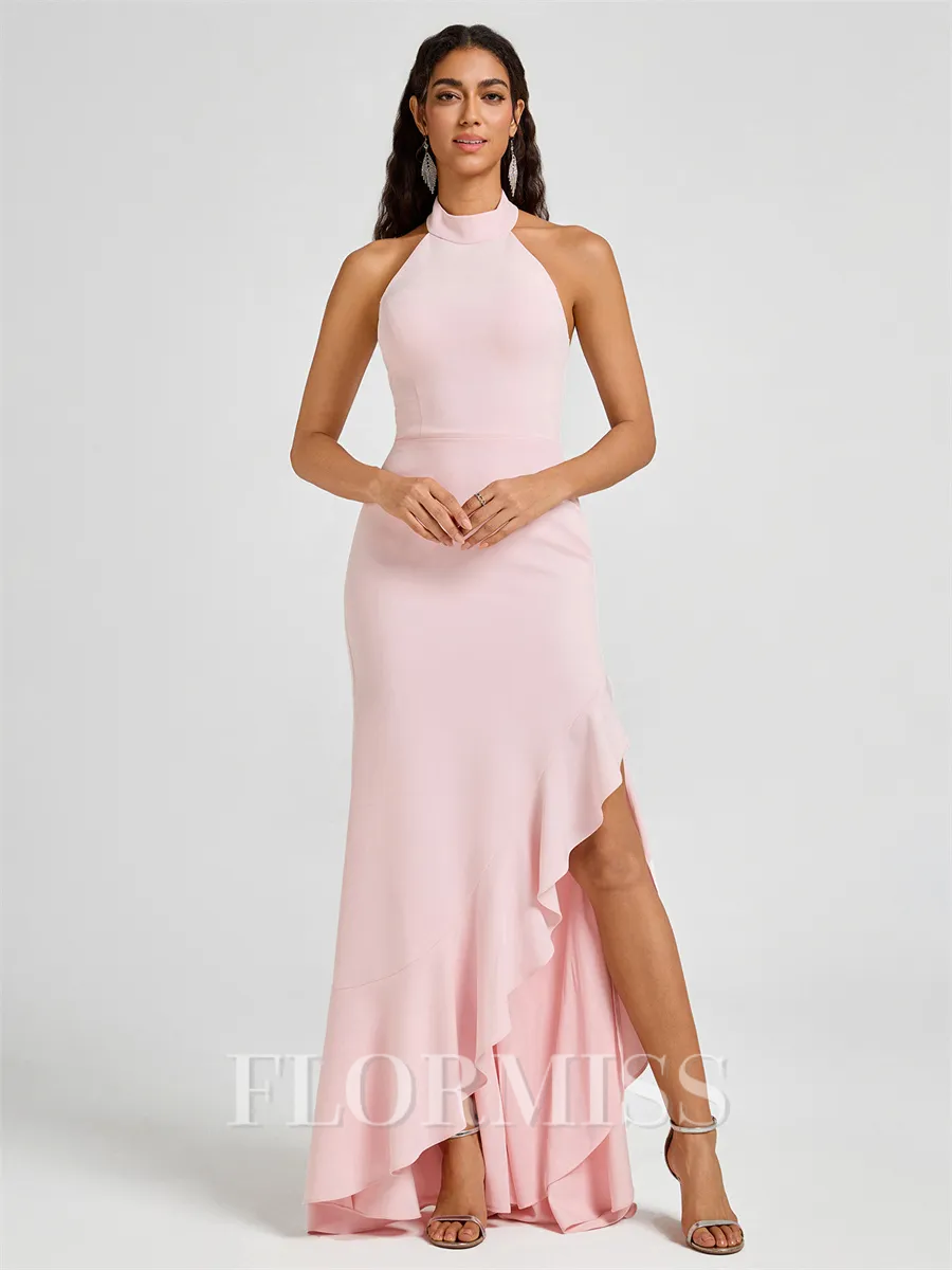 A-line Halter Floor-Length Stretch Crepe Bridesmaid Dress