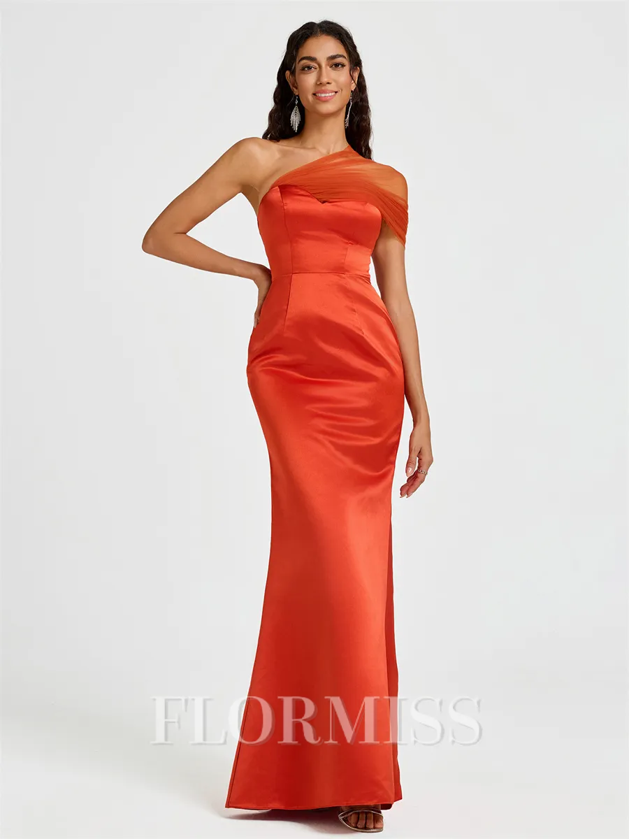 Sheath One-Shoulder Pleated Floor-Length Satin Bridesmaid Dress