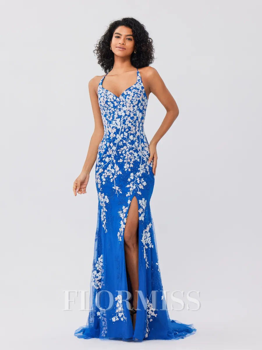 Sheath V-neck Appliques Lace Sweep Train Tulle Porm Dress