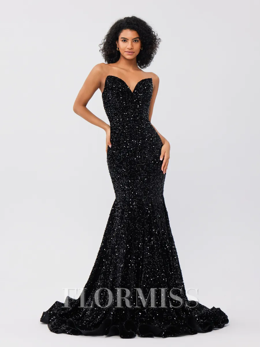 Mermaid Sweetheart Sweep Train Velvet Sequins Porm Dress