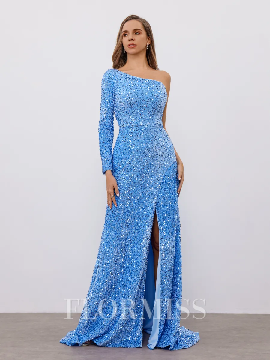 Sheath One-Shoulder Long Sleeves Sweep Train Velvet Sequins Porm Dress