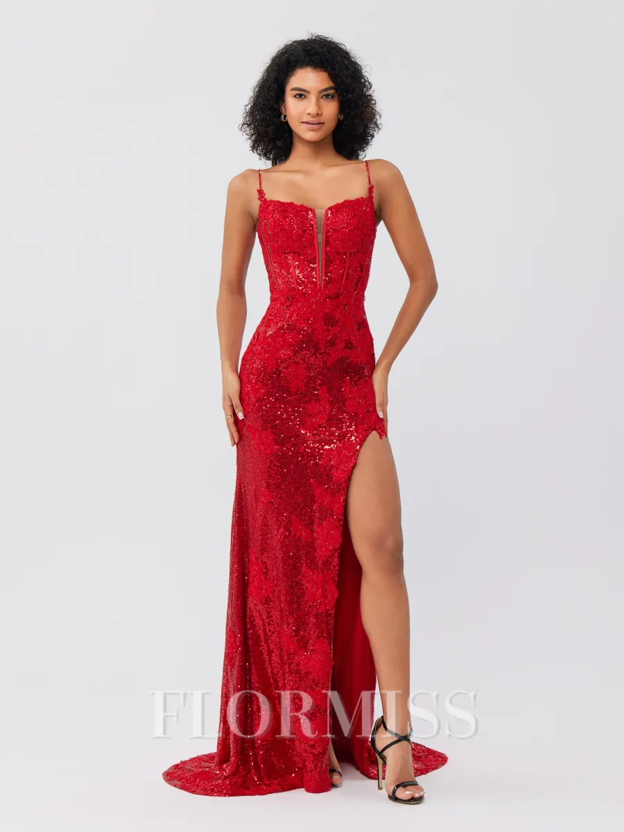 Sheath Spaghetti Straps Appliques Lace Sweep Train Sequins Corset Porm Dress