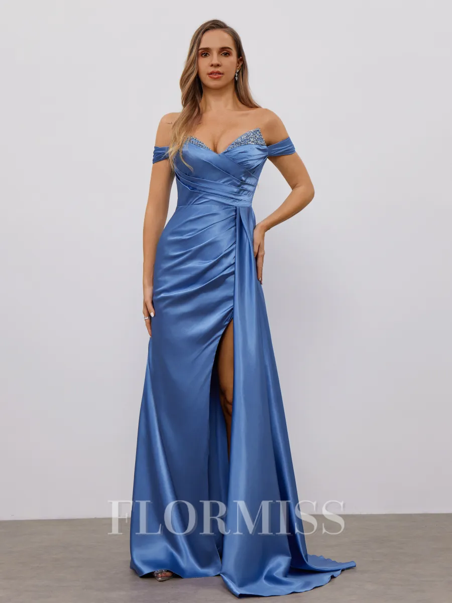Sheath Off-the-Shoulder Pleated Floor-Length Silk Like Satin Porm Dress