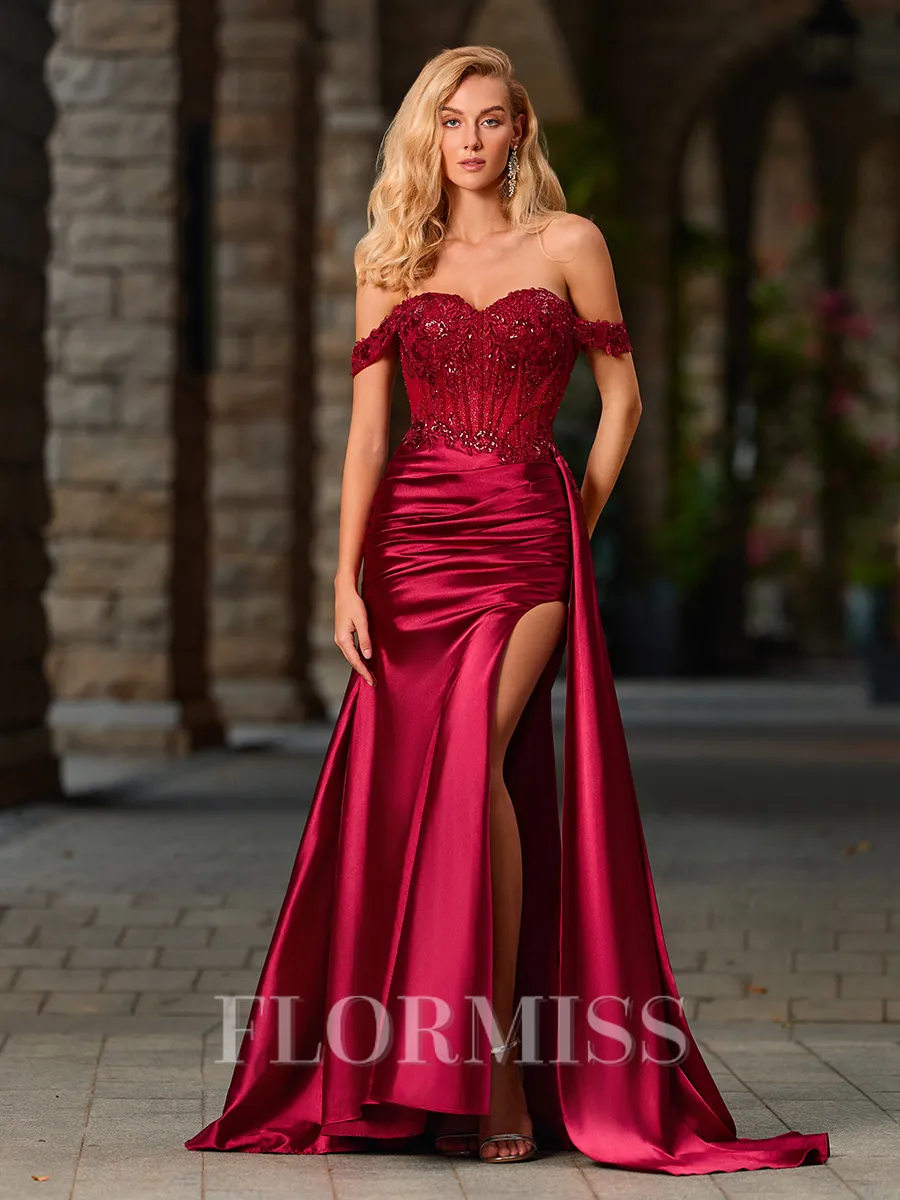 Sheath Off-the-Shoulder Appliques Lace Sweep Train Silk Like Satin Corset Porm Dress
