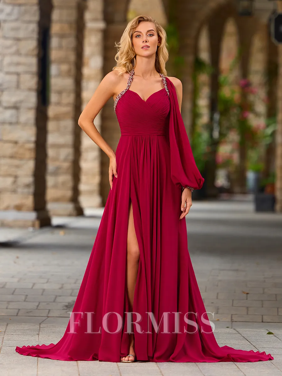 A-line One-Shoulder Long Sleeves Beading Sweep Train Chiffon Porm Dress