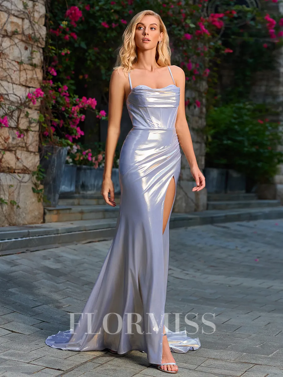 Sheath Cowl Pleated Court Train Metallic Satin Corset Porm Dress