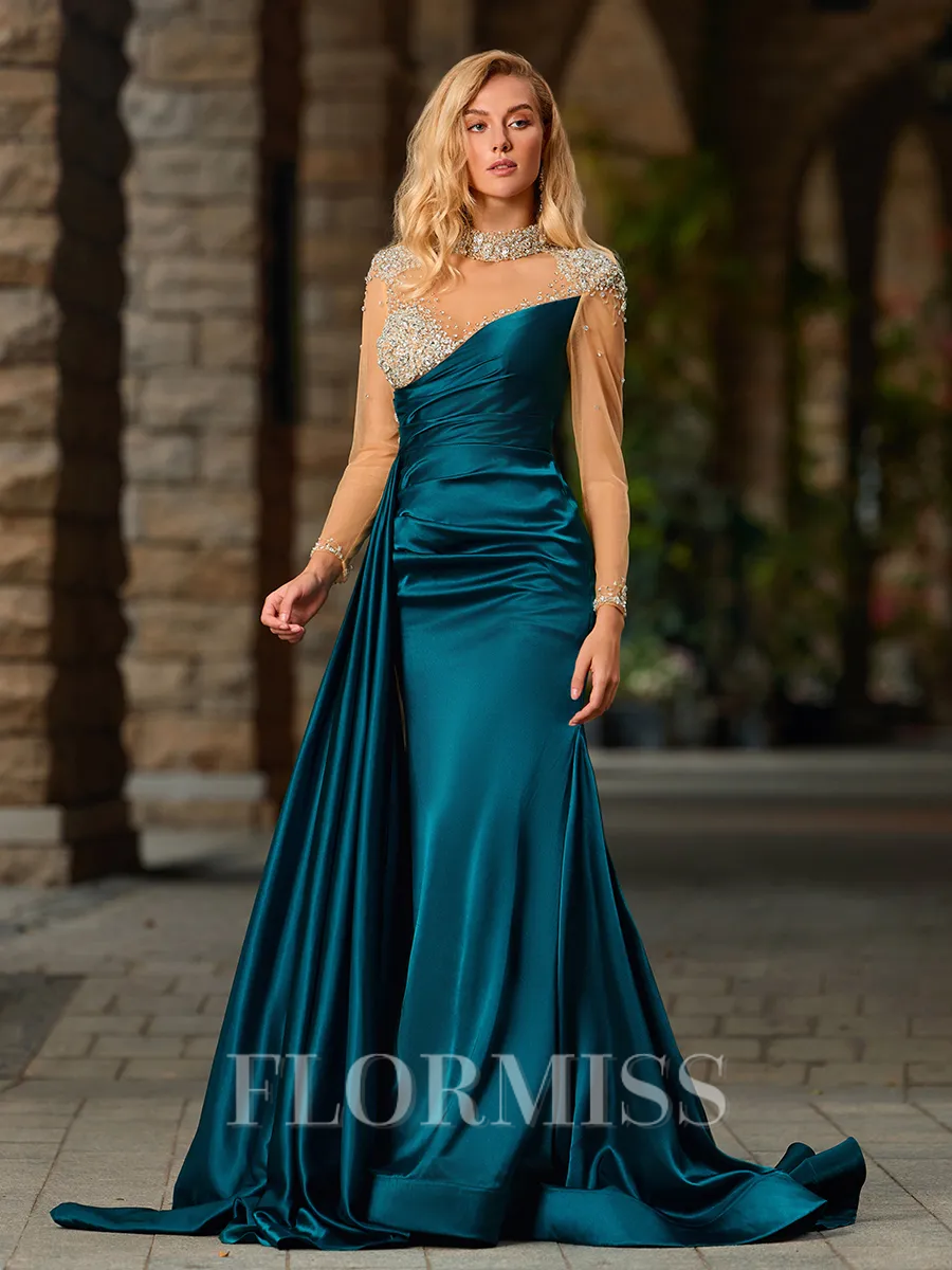 Sheath High Neck Long Sleeves Rhinestone Sweep Train Silk Like Satin Porm Dress