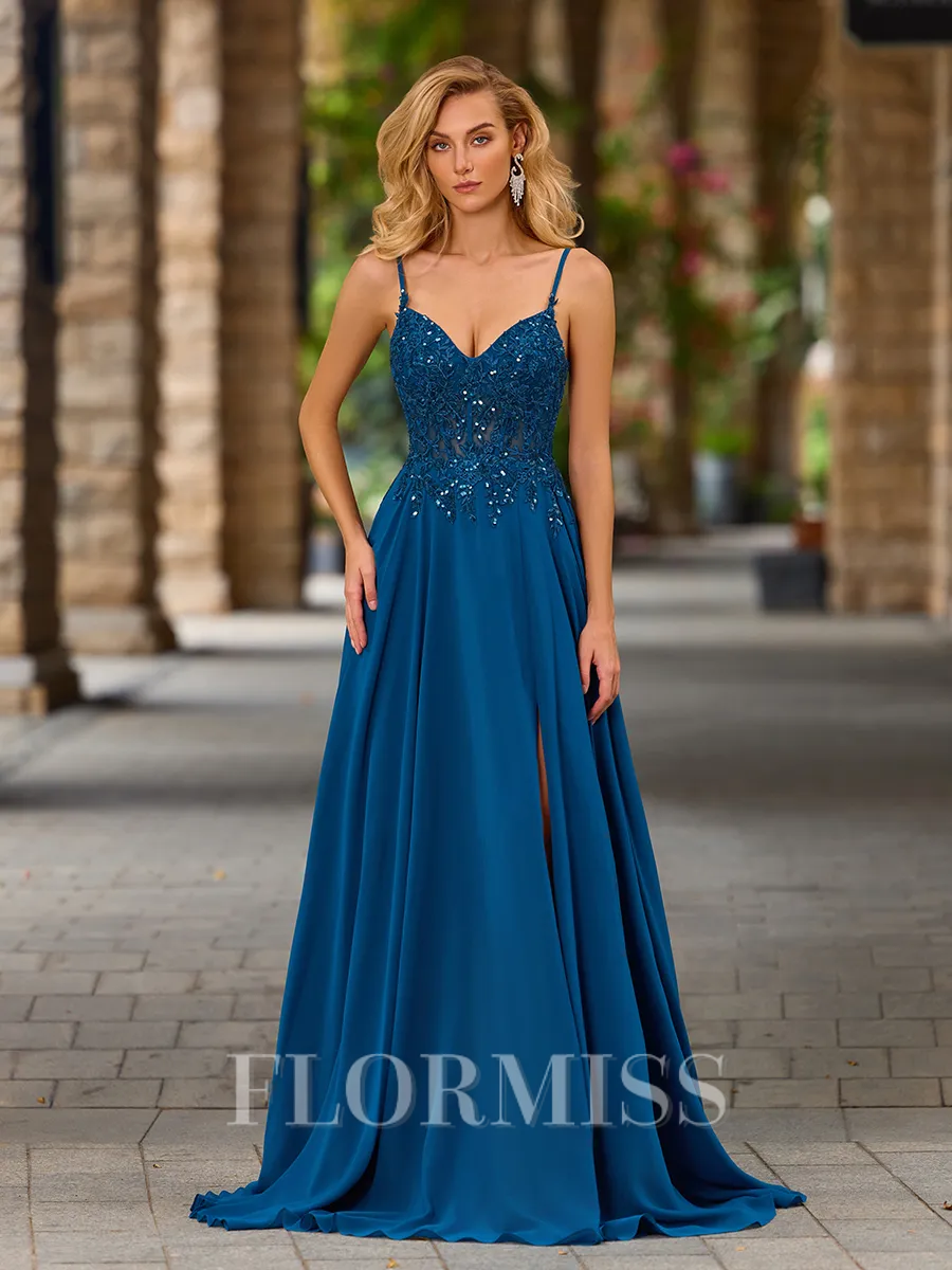 A-line V-neck Appliques Lace Sweep Train Chiffon Corset Porm Dress