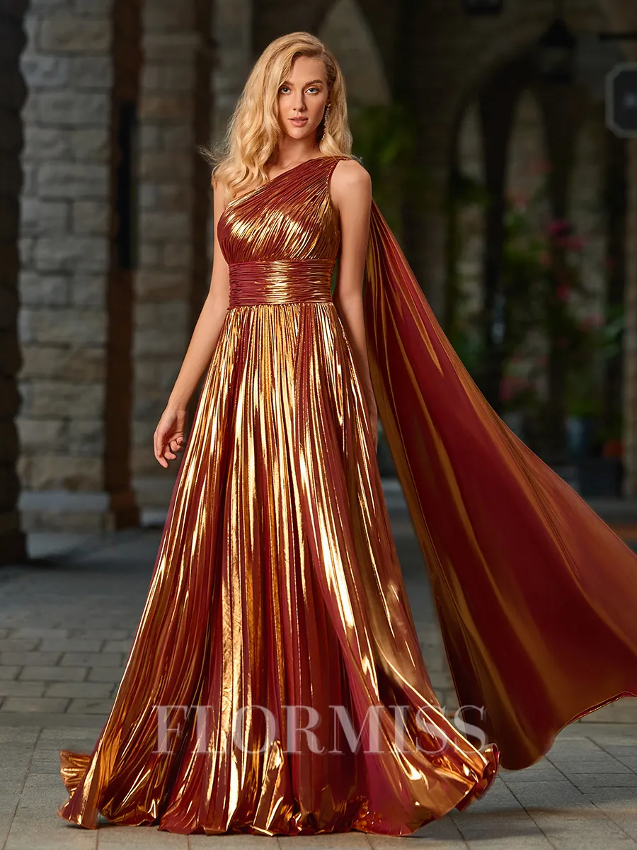 A-line One-Shoulder Pleated Floor-Length Metallic Satin Porm Dress