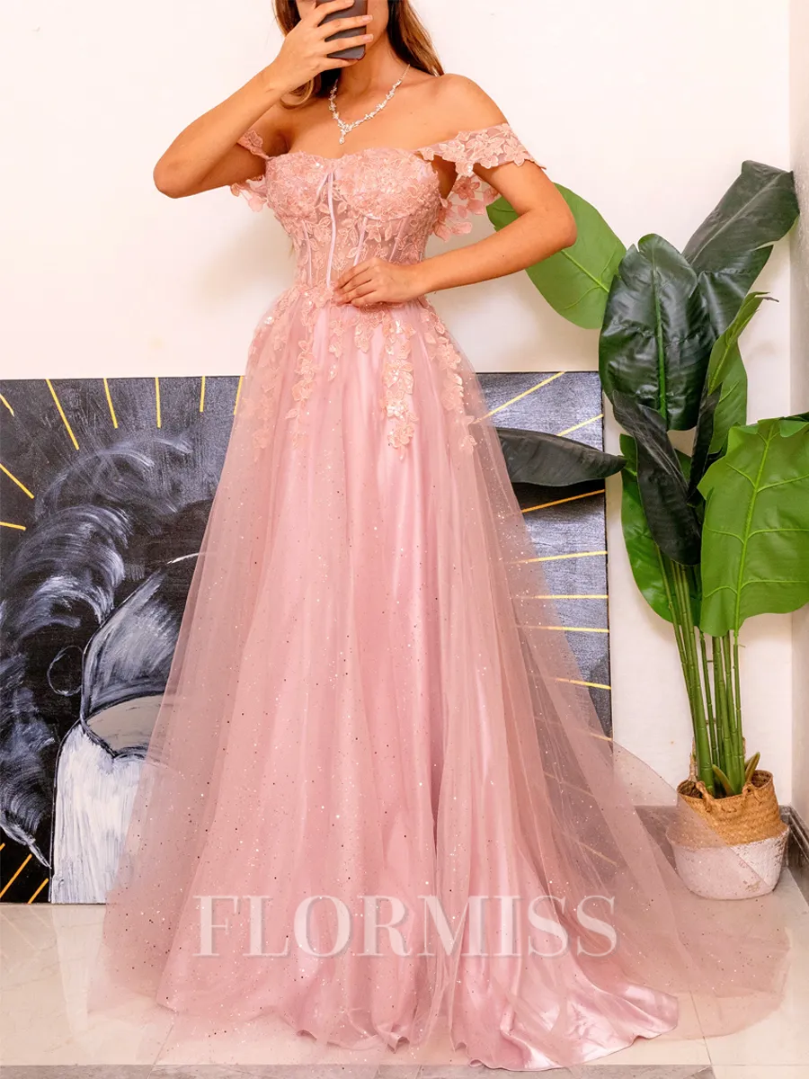 A-line Off-the-Shoulder Appliques Lace Sweep Train Corset Porm Dress