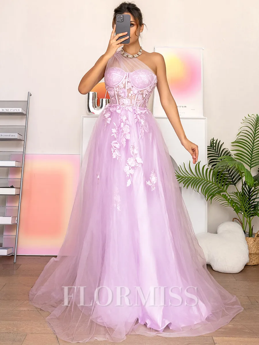 A-line One-Shoulder Appliques Lace Sweep Train Tulle Corset Porm Dress
