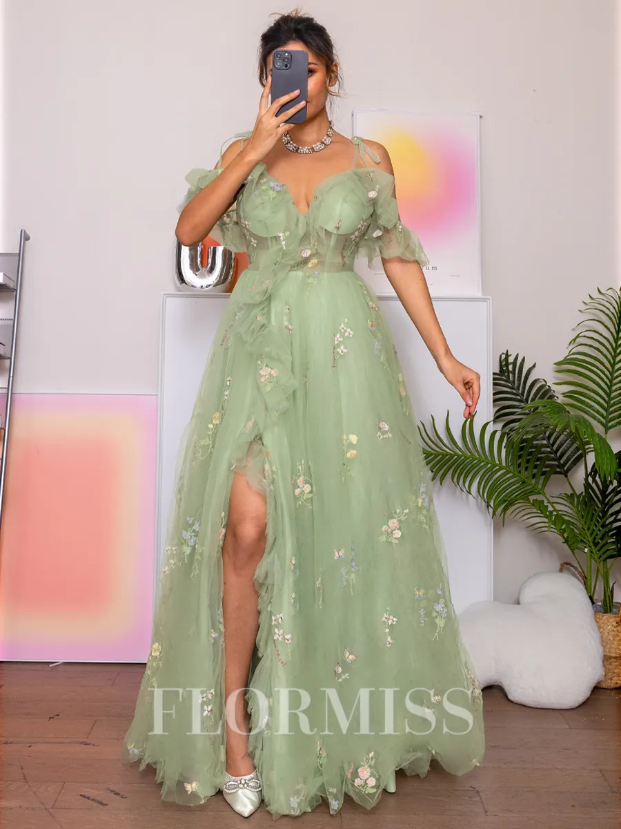 A-line Cold Shoulder Appliques Lace Floor-Length Lace Porm Dress