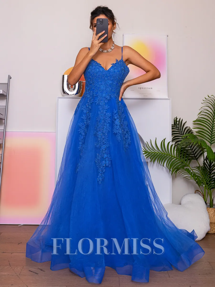 A-line V-neck Appliques Lace Sweep Train Tulle Porm Dress