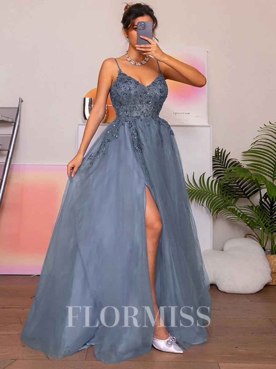 A-line V-neck Beading Sweep Train Tulle Porm Dress