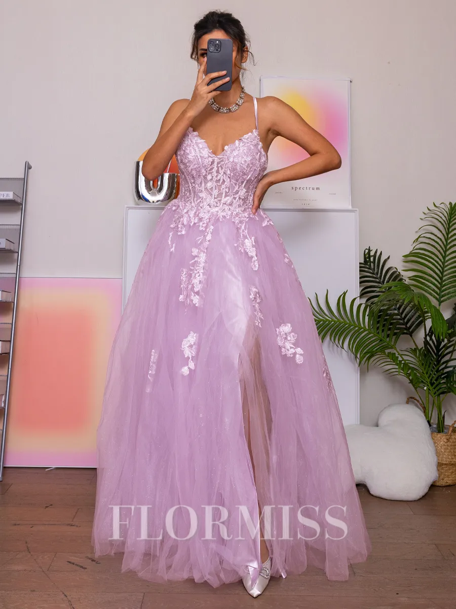 A-line V-neck Appliques Lace Floor-Length Tulle Corset Porm Dress