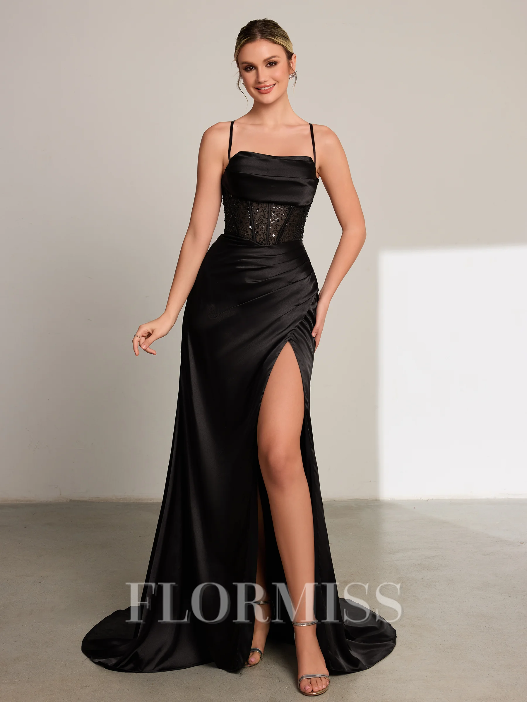 Sheath Spaghetti Straps Pleated Sweep Train Silk Like Satin Corset Porm Dress
