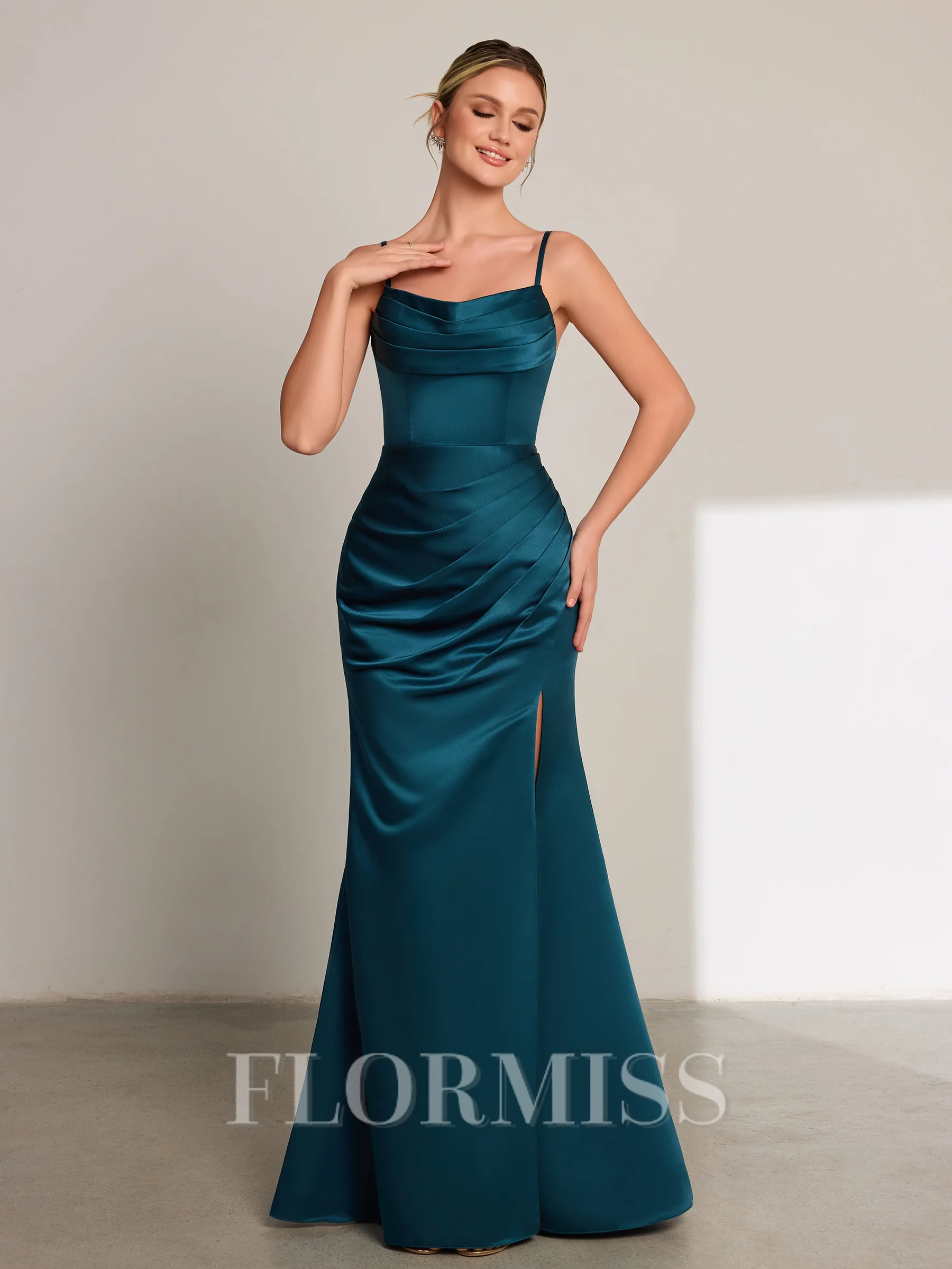 Sheath Spaghetti Straps Pleated Floor-Length Satin Porm Dress