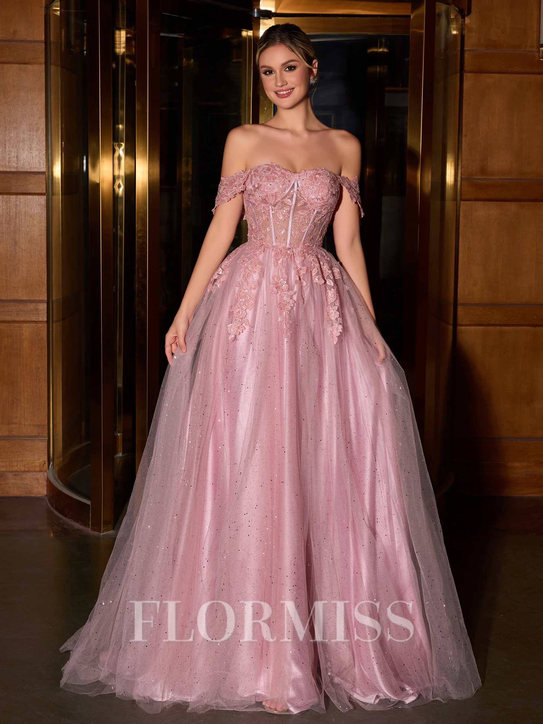 A-line Off-the-Shoulder Appliques Lace Sweep Train Corset Porm Dress